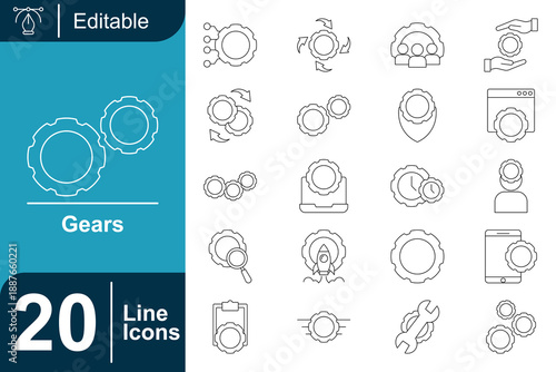 Collection of twenty editable line icons representing gears, tools, and mechanical concepts for various applications