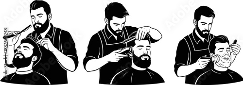 Set of vector illustrations featuring professional barber grooming man, cutting hair with clippers, shaving beard with razor, applying foam with brush, monochrome barbershop service icons.