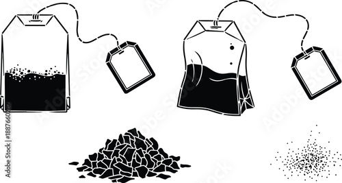 Flat design close up twin tea bags with string and blank tags loose tea leaves and powdered tea grain side view studio lighting calm minimalist monochrome