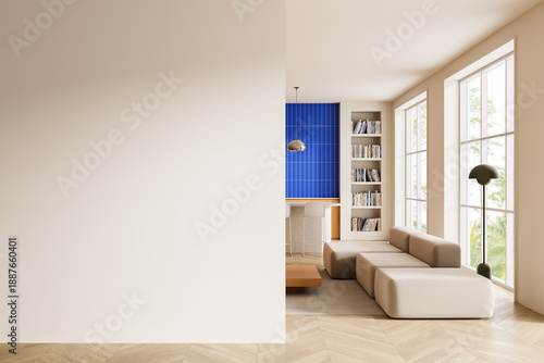 Modern interior with cozy living room, large blank wall for poster mockup, stylish furniture, and natural light from tall windows. 3D Rendering