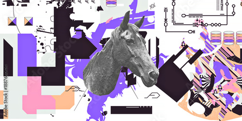 Modern industrial abstraction with geometric patterns and mechanical collage