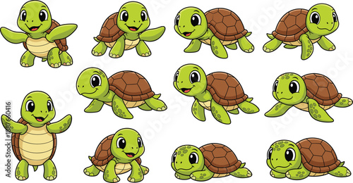 Cute turtle cartoon poses vector set. Adorable baby turtle characters in multiple actions and expressions. Flat green tortoise illustration for kids, stickers, games, and education.