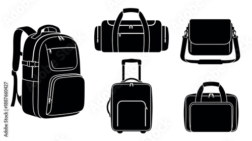 Collection of Black Silhouettes of Various Travel Bags.