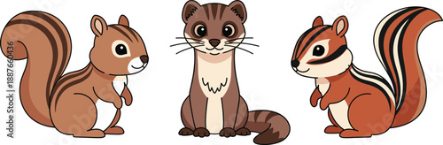 Cute woodland animals cartoon vector set. Adorable squirrel, weasel, and chipmunk characters in flat style. Friendly forest animal illustrations for kids design and education.