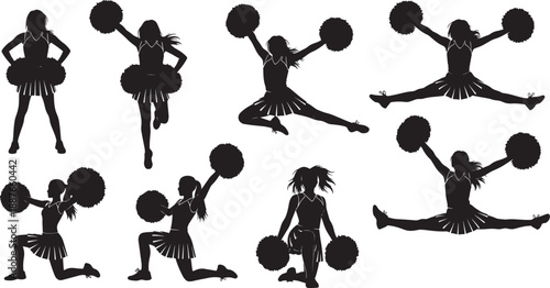 Silhouette cheerleaders performing various dynamic poses with pom-poms, capturing the energy and athleticism of cheerleading routines