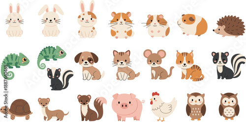 Cute animals cartoon vector set. Adorable pets, farm, and forest animals in flat pastel style. Friendly animal characters collection for kids design, education, and stickers.