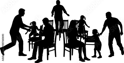 Silhouette of family playing musical chairs, adults and children running around seats, party game concept, group competition, fun activity vector illustration on white background.