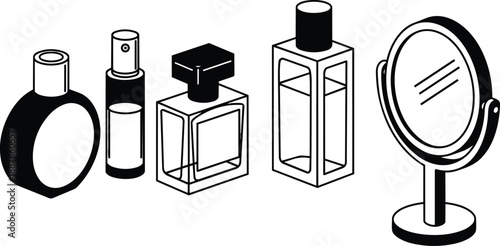 Isometric line art close up perfume bottles and vanity mirror in minimal black and white vector composition three bottles spray bottle and tabletop mirror side reflection
