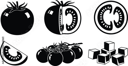 Silhouette vector tomato icon set with whole half slice wedge vine cluster diced cubes seeds glossy highlights high contrast kitchen ingredient packaging label emblem