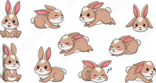 Cute bunny cartoon character vector set. Adorable rabbits in different poses, sitting, running, and sleeping. Kawaii pet bunny illustrations for kids design and stickers.