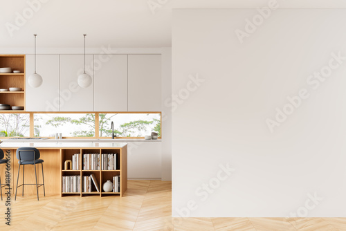 Modern kitchen interior with large blank wall for mockup or poster presentation, featuring natural wood and clean white design elements. 3D Rendering