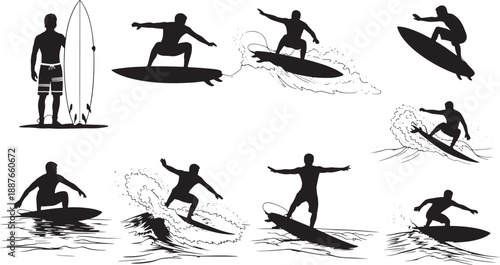 Collection of Silhouettes of Surfers Riding Waves, Displaying Various Poses and Styles of Surfing Action