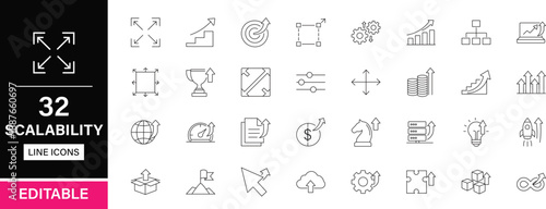 Scalability editable line icons pack. Scale, expansion, flexibility, optimization, scalable, performance, efficiency, growth, upgrade, dynamic, capacity and more icons.