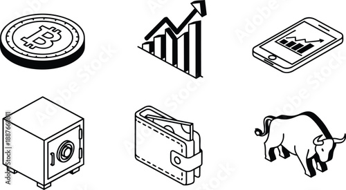 Isometric line art cryptocurrency finance icons set bitcoin coin bullish chart mobile analytics safe wallet low angle view simple black outline vector scalable editable flat style
