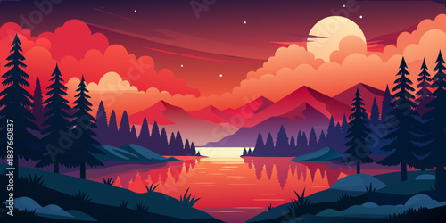 Lake in forest at sunset. Romantic sky with red clouds
