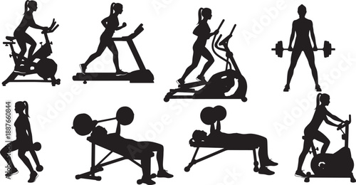 Silhouette images depicting people engaging in various gym exercises and workouts for fitness and active lifestyle