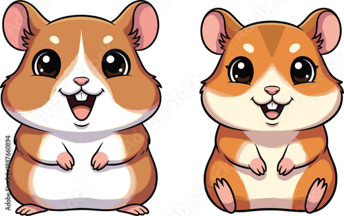 Cute hamster cartoon character vector set. Smiling chubby hamsters with big eyes in colorful flat style. Adorable pet rodent illustrations for kids design and stickers.