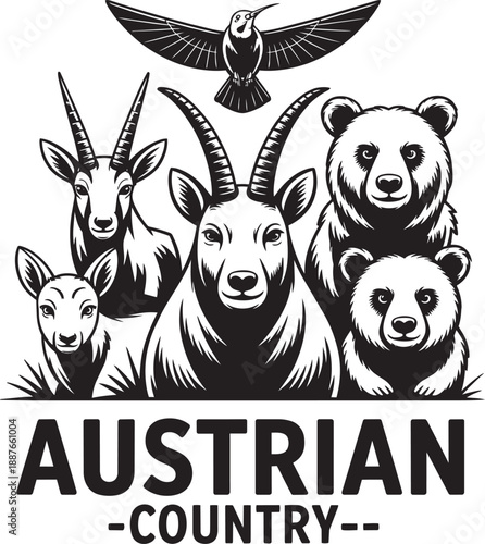 Austrian country wildlife emblem vector with mountain goat bear bird and gazelle illustrations
