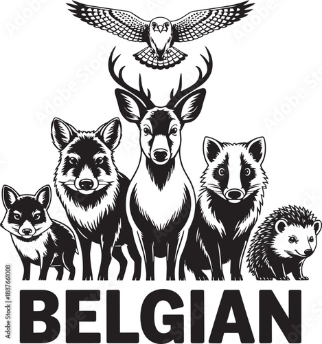 Belgian country animals emblem forest fauna and wildlife illustration collection fox deer