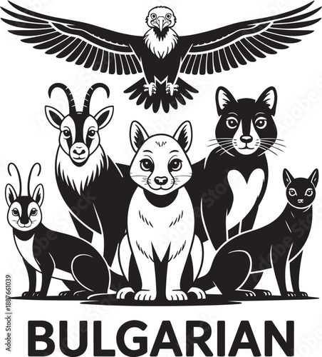 Bulgarian wildlife black and white vector art with many animals set on plain background
