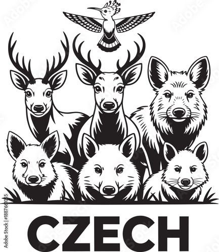 Czech wildlife fauna collection vector illustration including deer boar and bird on transparent