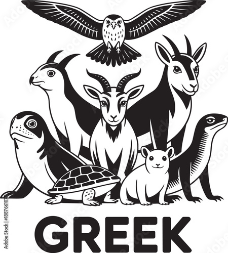 Greek island wildlife vector illustration with sea turtle goat bird and lizard fauna elements