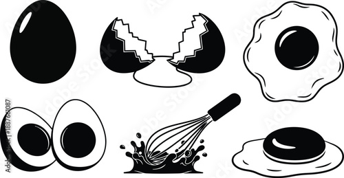 Minimalist black and white vector eggs cracked and whole with runny yolk fried egg halves whisk splatter kitchen icon set flat design close up top view