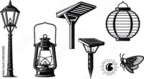 Line art vintage lantern and lamp vector set showing tall street lamp oil lantern solar stake light paper lantern and moth close up side view monochrome
