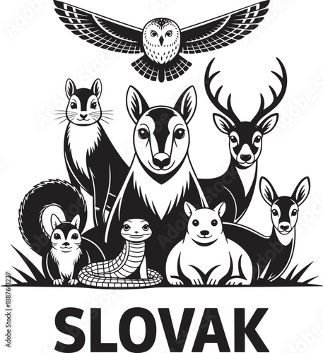 Slovak wildlife collection with owl squirrel deer snake and small mammals vector art