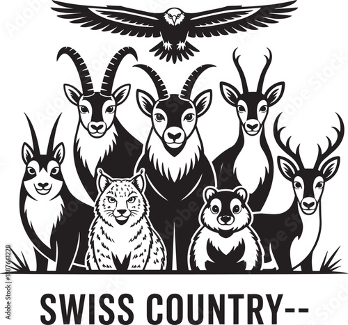 Swiss country animals emblem alpine fauna and mountain wildlife illustration collection