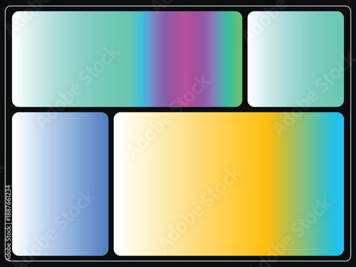 A colorful graphic design featuring six rectangular gradients in various hues