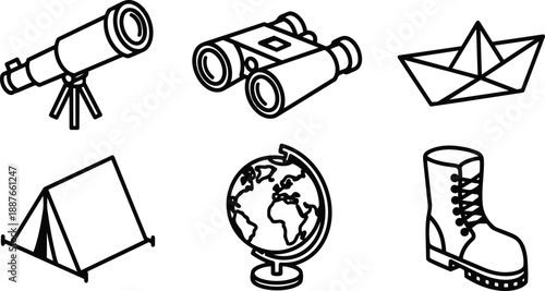 Line art vector icon set telescope binoculars paper boat tent globe and hiking boot arranged as travel exploration symbols in simple outline style black stroke minimal