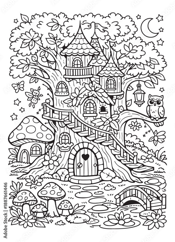 Naklejka premium Tree Fairy House Coloring Page, Enchanted Forest Home Line Art for Kids