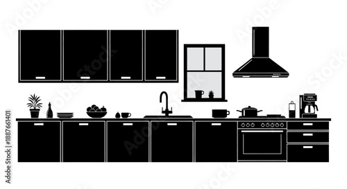 Modern Kitchen Silhouette Illustration with Appliances and Cabinets.