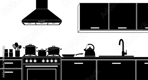 Modern Kitchen Interior Silhouette with Appliances and Cabinets.