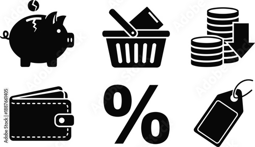 Flat design bold silhouette shopping and finance icon set showing broken piggy bank wallet stacked coins downward arrow percent tag basket minimal black on white vector