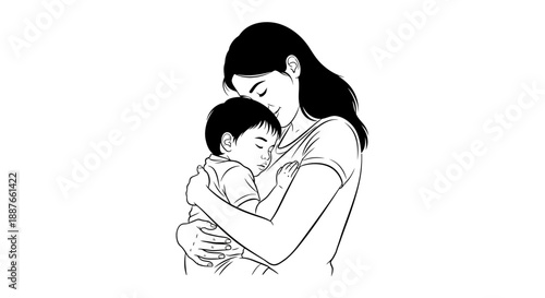 Mother holding sleeping baby tenderly in her arms.