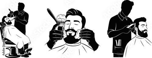 Silhouette set of barber cutting hair and shaving beard, professional hairdresser working with client, men grooming concept, vector illustration on white background, salon service.