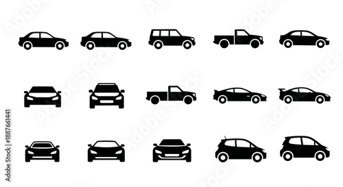 Collection of Car Silhouettes Various Types and Angles.