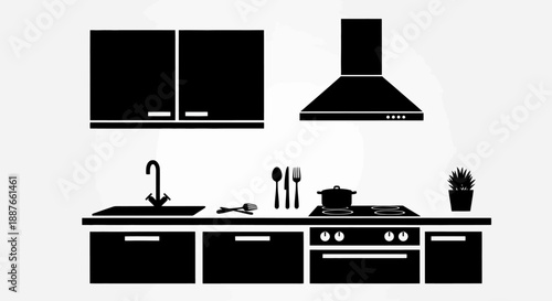 Modern Kitchen Interior Design Silhouette Illustration.