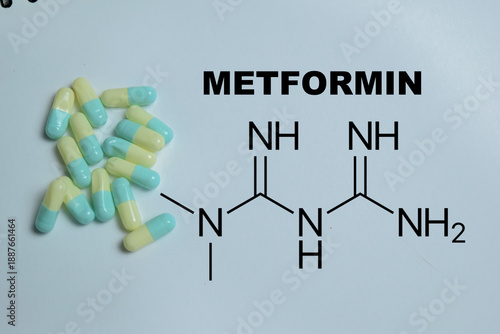 Concept of metformin write on book isolated on Wooden Table. Long term therapy and insulin sensitivity for type 2 diabetes management