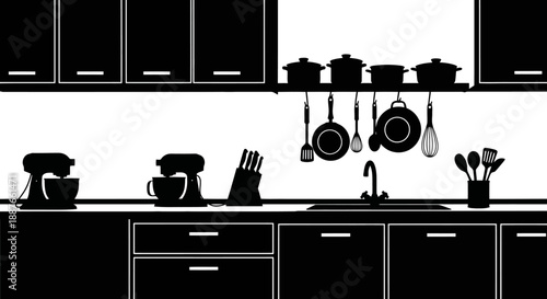 Modern Kitchen Interior Silhouette with Appliances and Utensils.