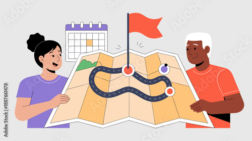 diverse couple planning a journey on a map vector illustration 