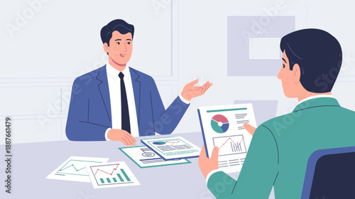 financial consultant explaining investment options to a client vector illustration 
