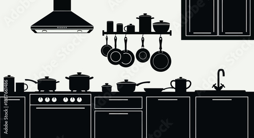 Kitchen interior silhouette with cooking utensils and appliances.