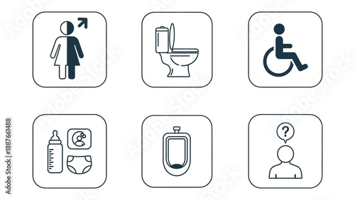 Restroom Icons Collection Including Gender Neutral Accessible Baby Urinal And Question Mark.