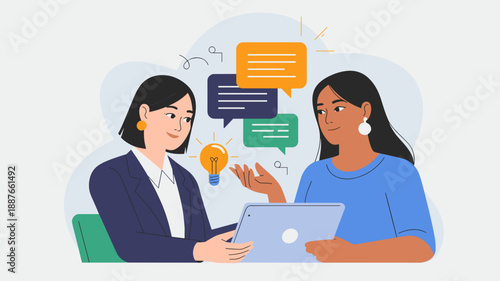two diverse women having a business consultation with a tablet vector illustration 