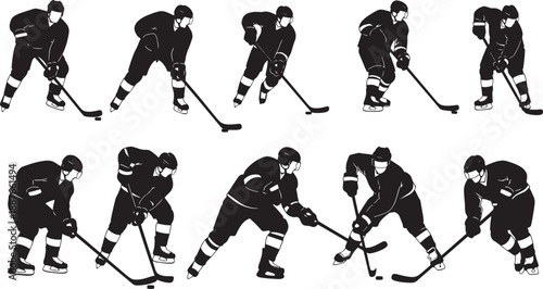 Collection of silhouette illustrations depicting ice hockey players in various action poses, showcasing stick handling and movement on the ice