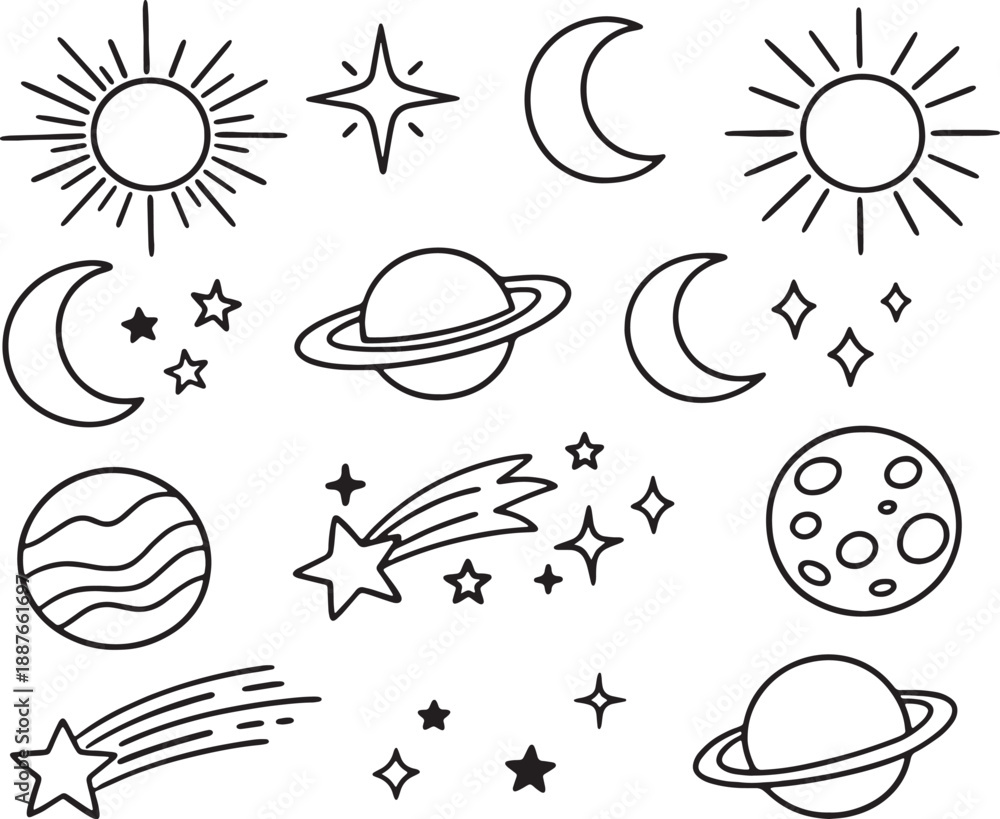 Fototapeta premium Amazing celestial space doodle collection featuring sun moon stars planets and comets