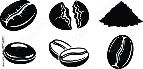 Flat vector coffee bean set with whole and split beans coffee grounds pile close up minimal monochrome icons for packaging labels editorial use branding print web